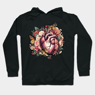 Anantomy Heart watercolor, floral human heart illustration art, flowers, roses, butterflies and floral anatomy art Hoodie